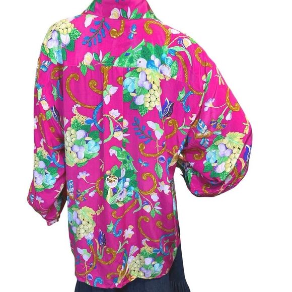 VTG Diane Von Furstenberg XL 100% Silk Button Up Blouse Floral Tropical Resort - Picture 8 of 16